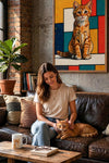Personalized pop art cat canvas and matching photo mug displayed in a living room