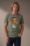 Man wearing a custom faded green tee with a dog portrait print