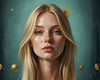 The same photo reimagined as a painted portrait with a butterfly and gold accents