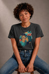 Woman wearing a custom gray tee with a colorful printed design