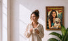 Woman at home holding a custom photo mug beside a personalized comic style pet poster