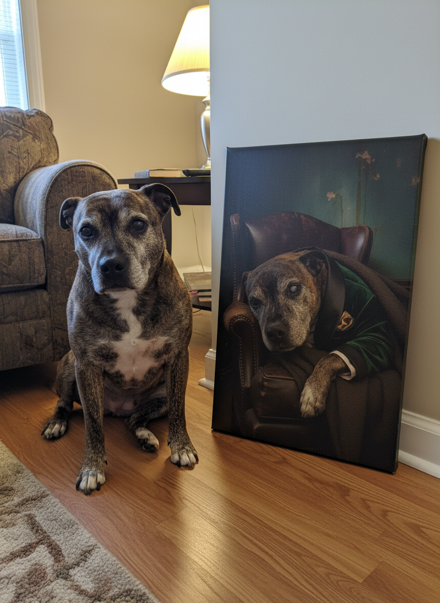 Bo. A senior staffy with one cloudy eye, the gentlest face you'll ever see, and a canvas his owner can't stop smiling at.