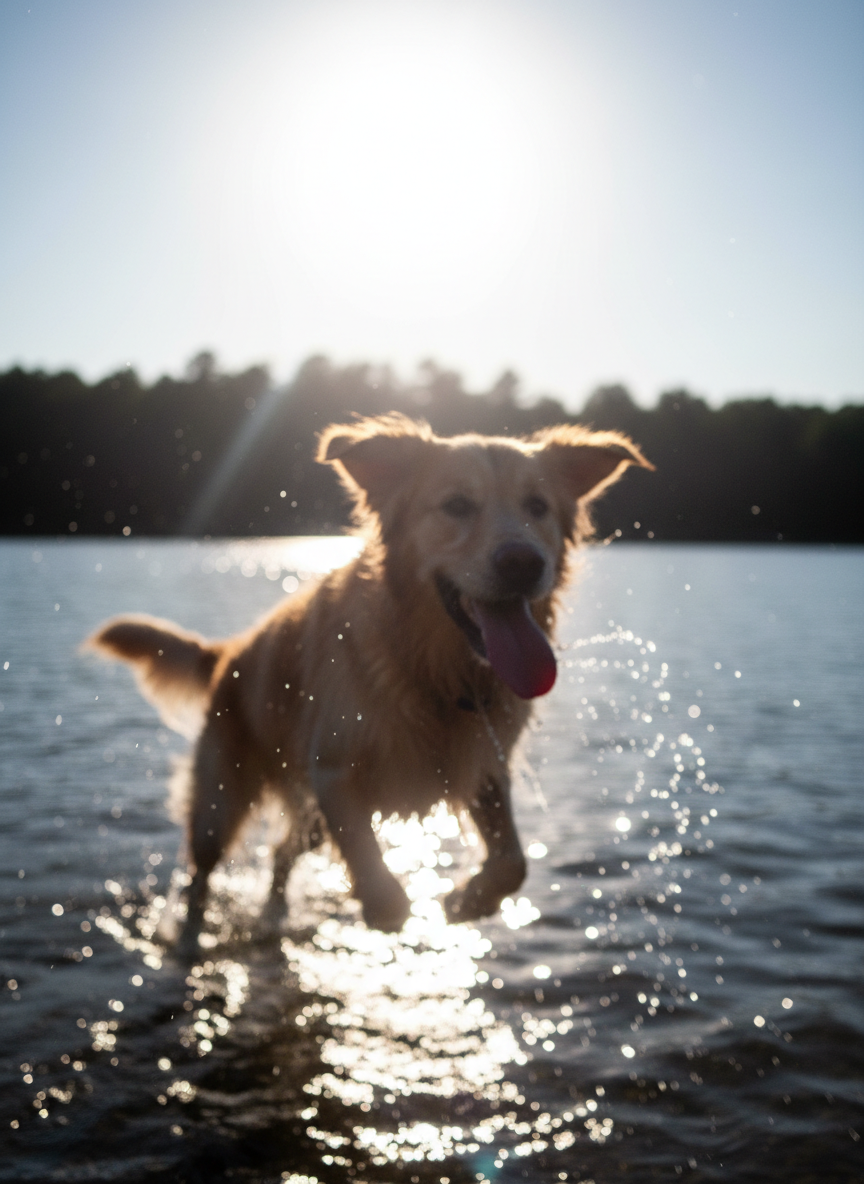 Mid-leap, late afternoon, in the water she loves. Now hanging in the living room.