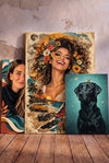 Custom canvas wall art of a woman and a black dog in collage style