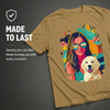 Brown t-shirt with a colorful graphic of a woman and dog, on a dark background.