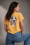 Woman wearing a custom white tee with a dalmatian dog print