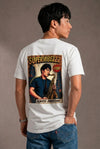 Man wearing a custom white tee with a comic book style print