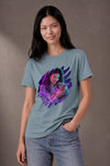 Woman wearing a custom blue tee with a colorful portrait print