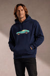 Man wearing a custom white hoodie with a colorful printed design