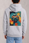 Man wearing a custom gray hoodie with a colorful printed design