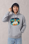Man wearing a custom gray hoodie with a colorful graphic
