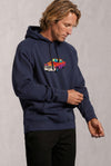 Man wearing a custom gray hoodie with a printed design