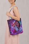 Custom canvas tote bag printed with a psychedelic colorful design