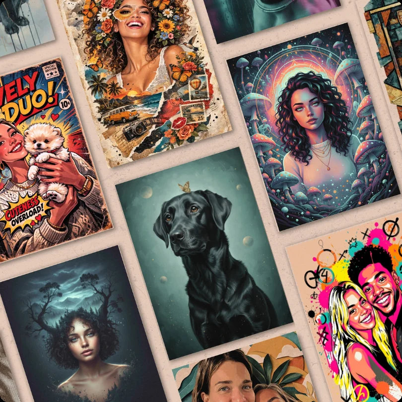 A wall of finished art pieces in wildly different styles, from painterly and celestial to comic and street art