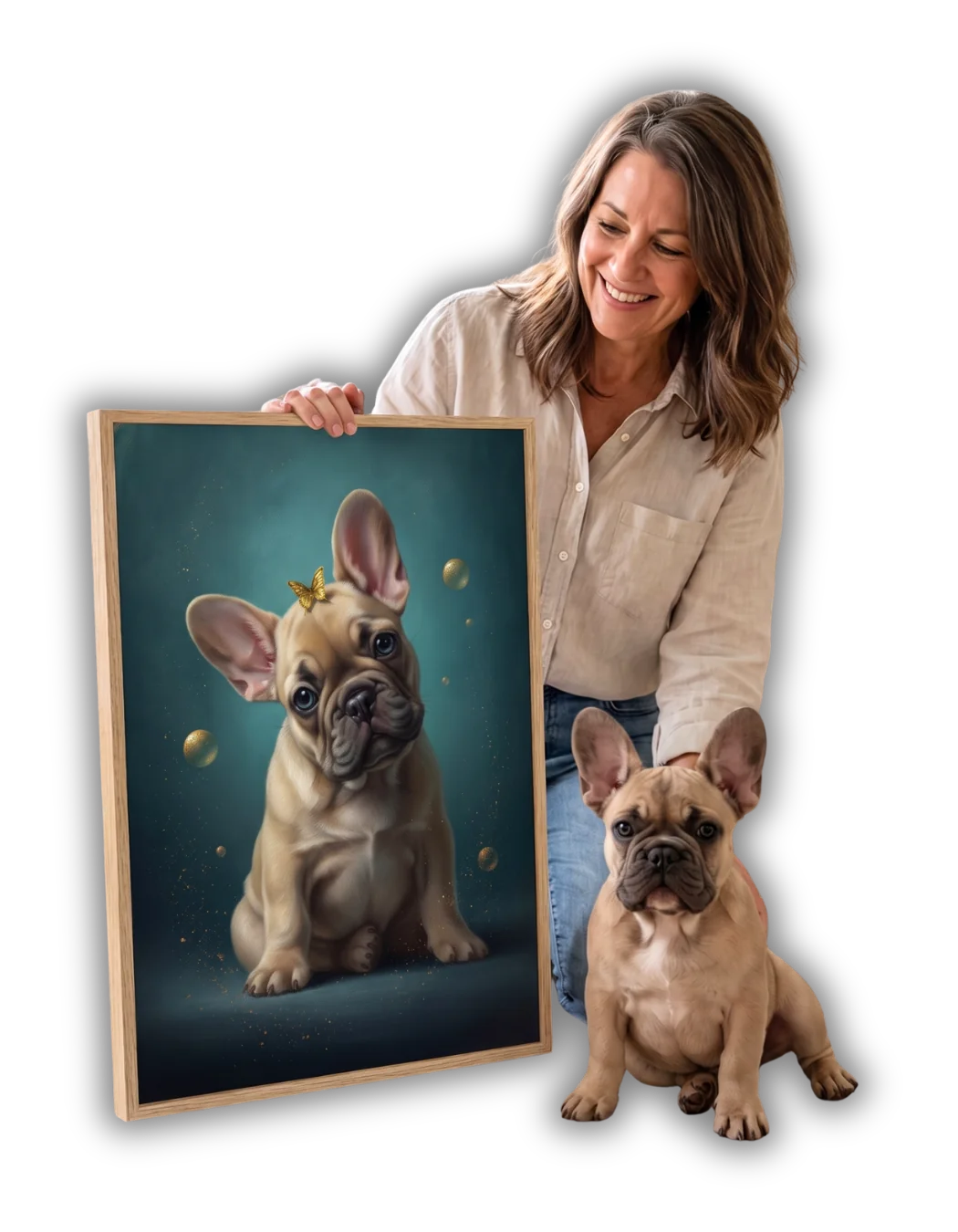 A smiling woman holding a framed custom portrait of her French bulldog, with the real dog sitting beside her