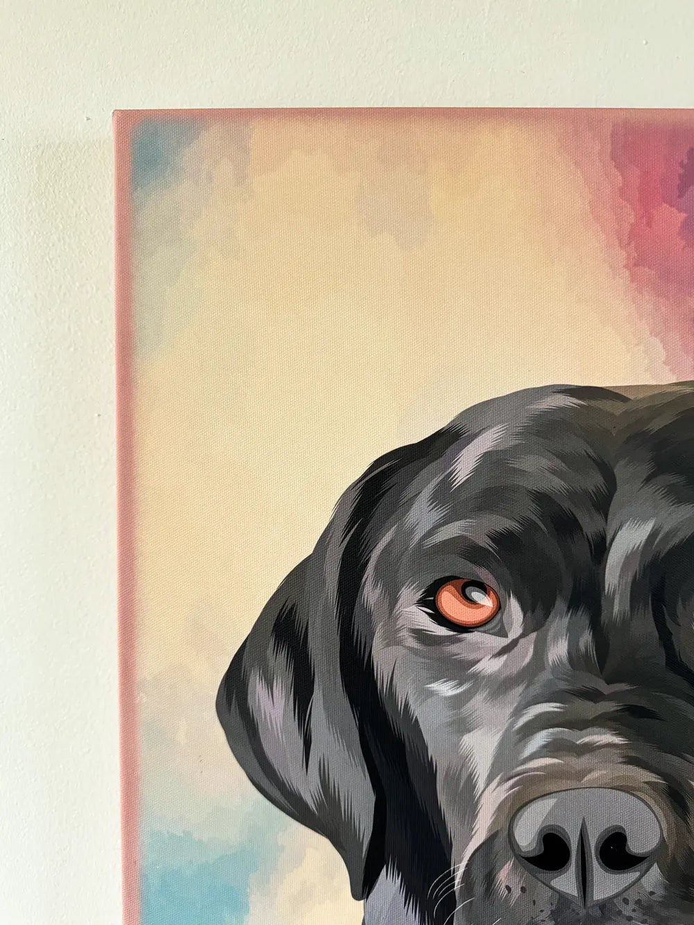 Close up of a finished canvas print showing the texture and detail of a black Labrador design