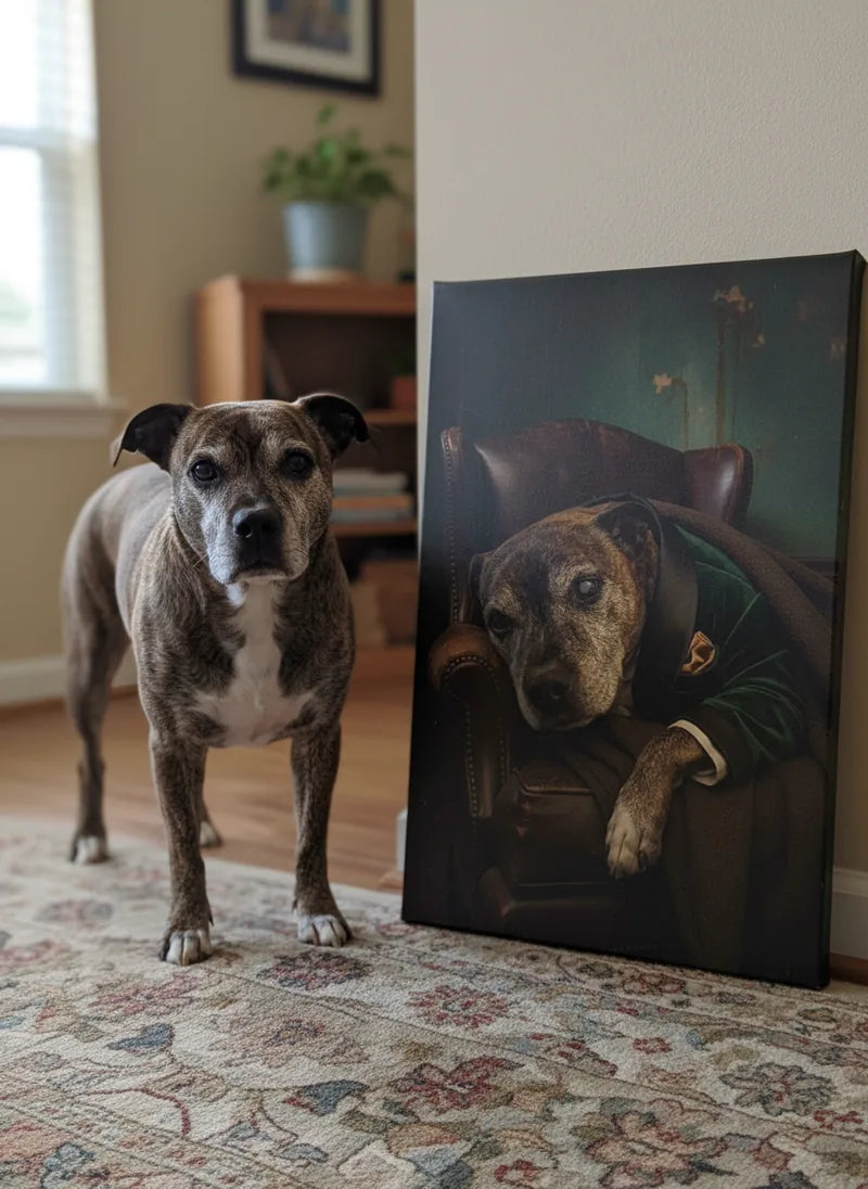 George's dog standing beside a large canvas portrait of him in a regal green jacket