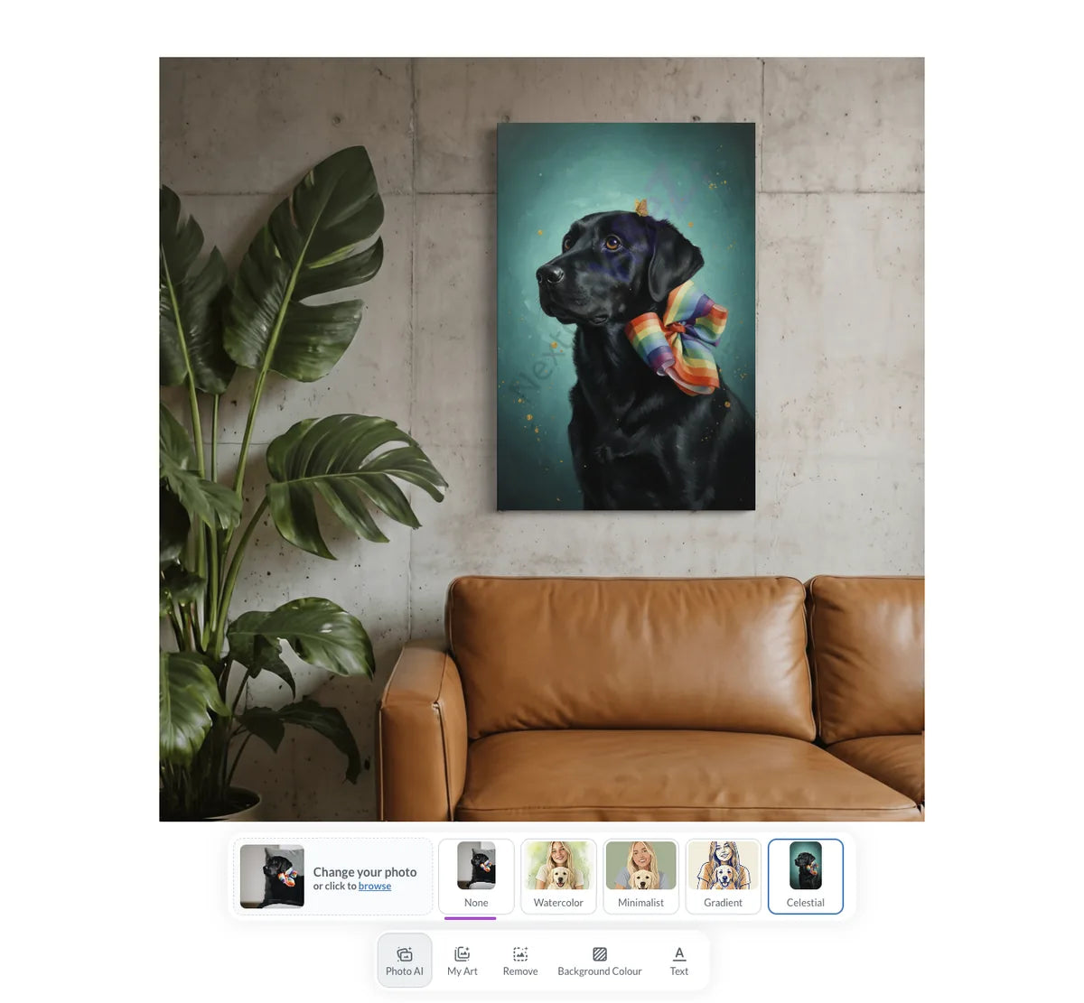 Design Studio preview showing a custom pet portrait on canvas wall art with style options below