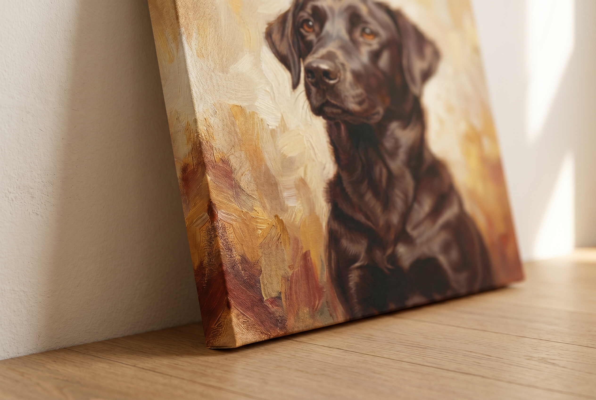 Close-up of a custom canvas wall art print showing the brushstroke painted layer and gallery-wrap edge
