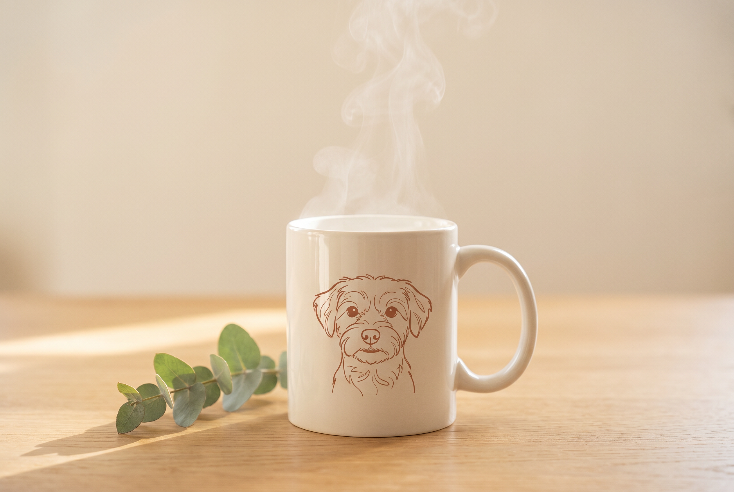 A custom ceramic mug with a terracotta line-art dog portrait, steaming, on a light oak table with a eucalyptus sprig