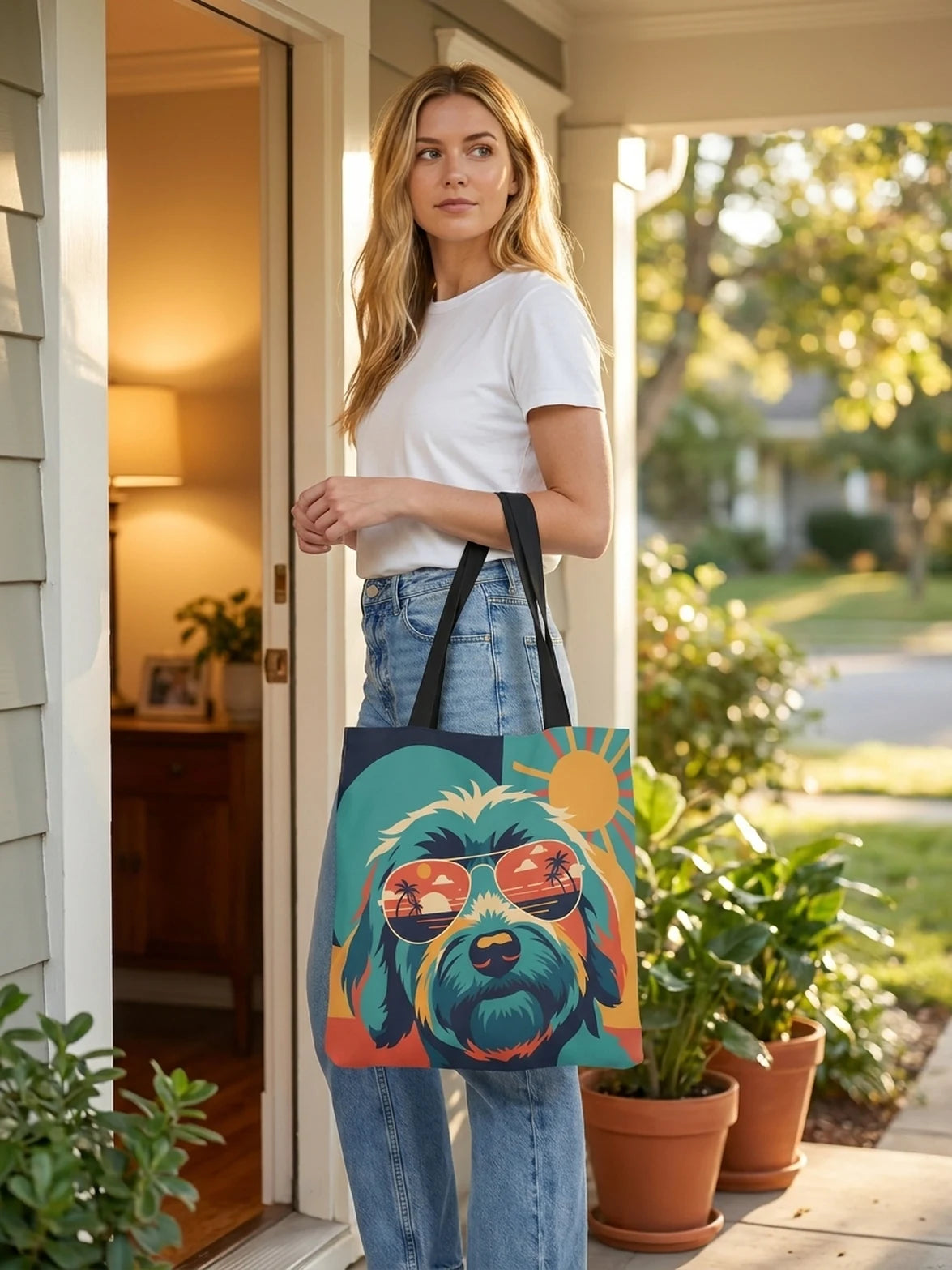 A custom tote bag with a personalized pet design from the Design Studio